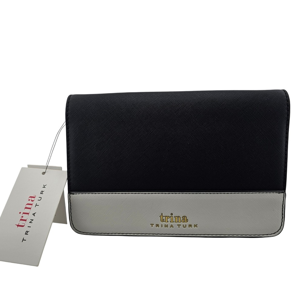 Trina Turk‎ Chic Black White Vegan Leather Crossbody Clutch Detachable Strap NWT
